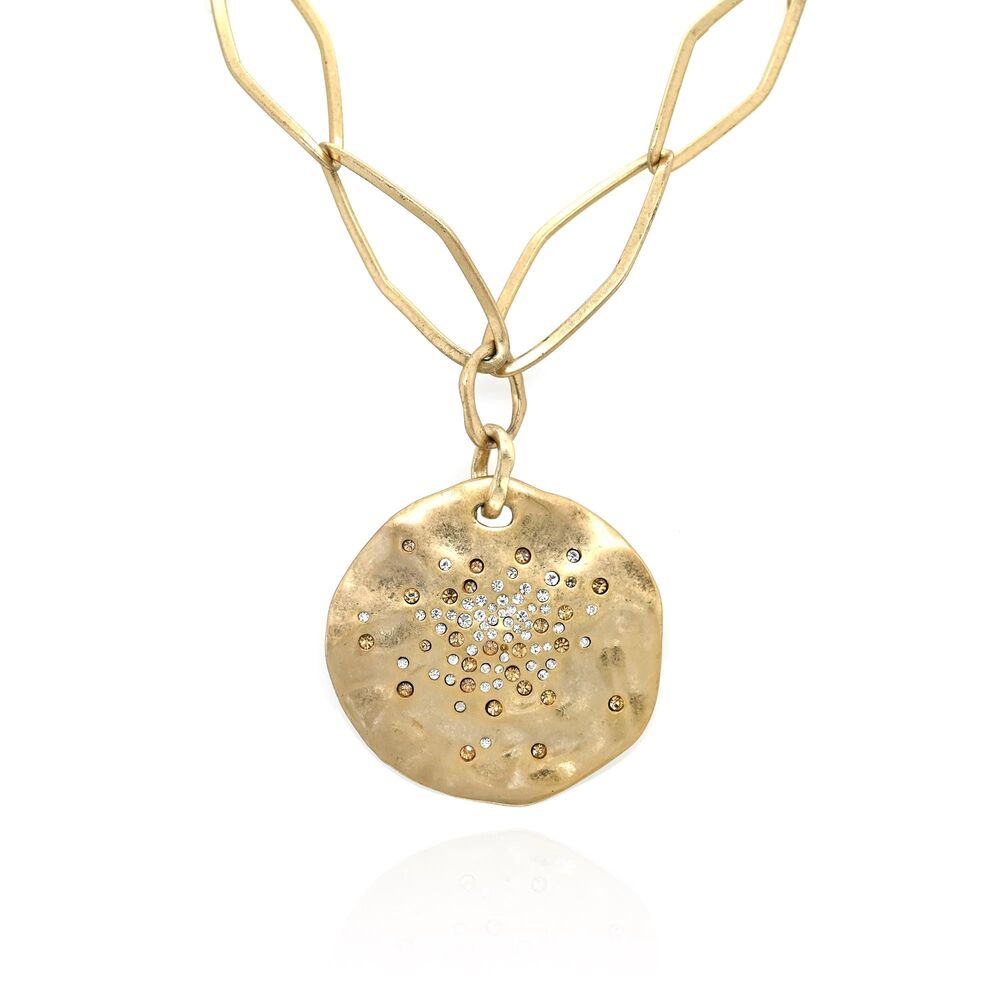 Artisan Matte Gold Tone Rhinestone Cluster Disc Pendant Necklace | Modern Statem